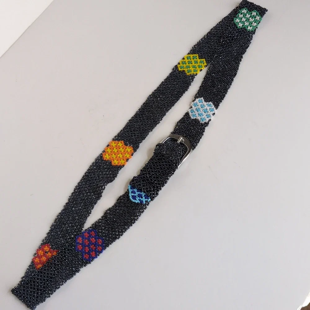 Southwestern Seed Bead Belt Native Black Geometric Floral Woven Beaded